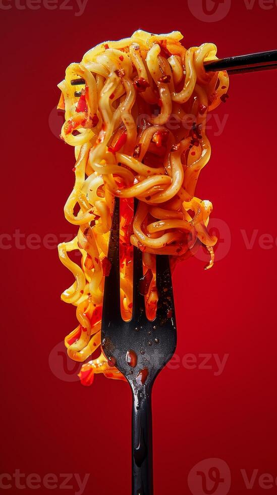 Close Up Of Spicy Noodles On A Fork Against Red Background photo