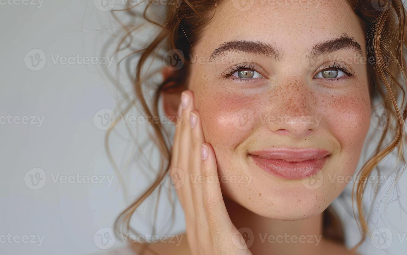 A Close-Up Portrait of a Woman With Freckles, Smiling Softly in the Afternoon Light photo