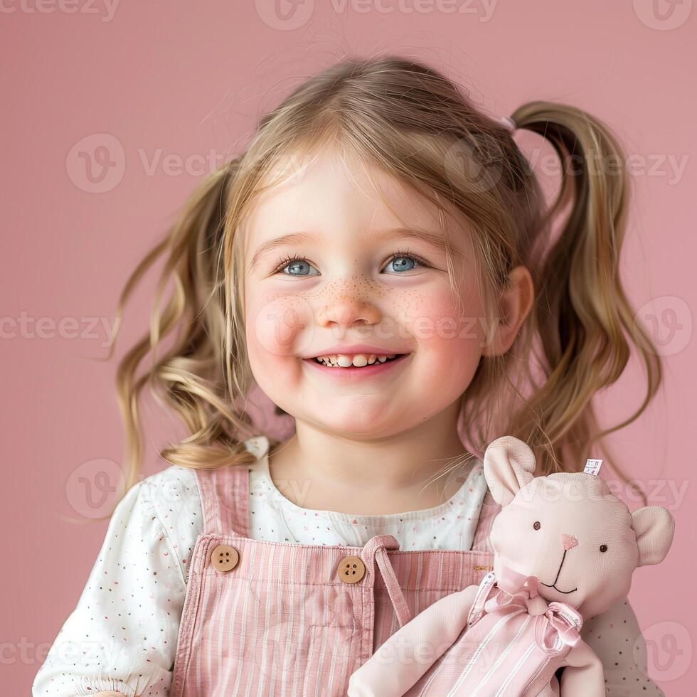 Young Girl With Blonde Hair Smiles While Holding A Pink Teddy Bear In Front Of A Pink Background photo