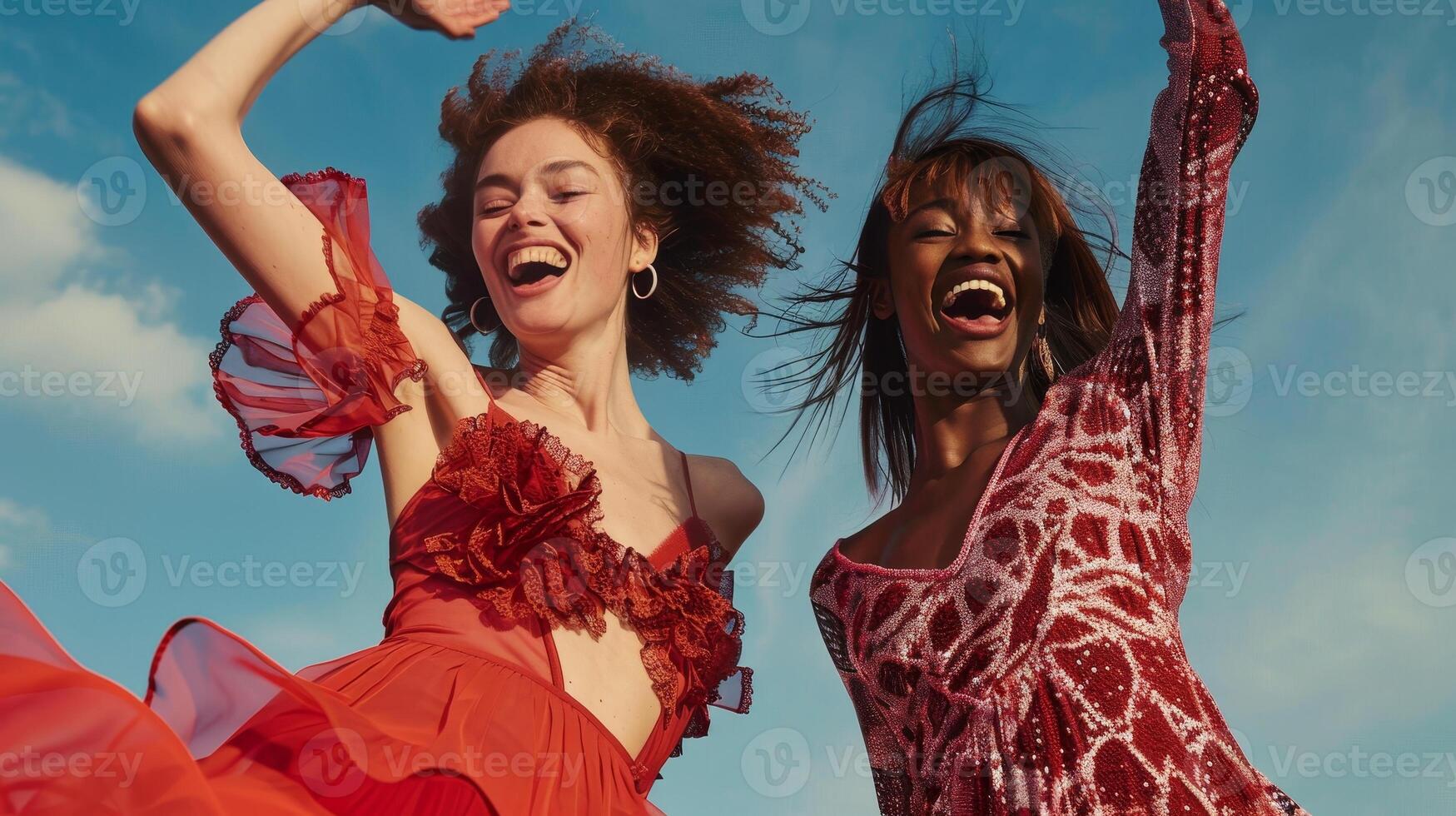 Two Women In Red Dresses Jump In The Air Against A Blue Sky photo