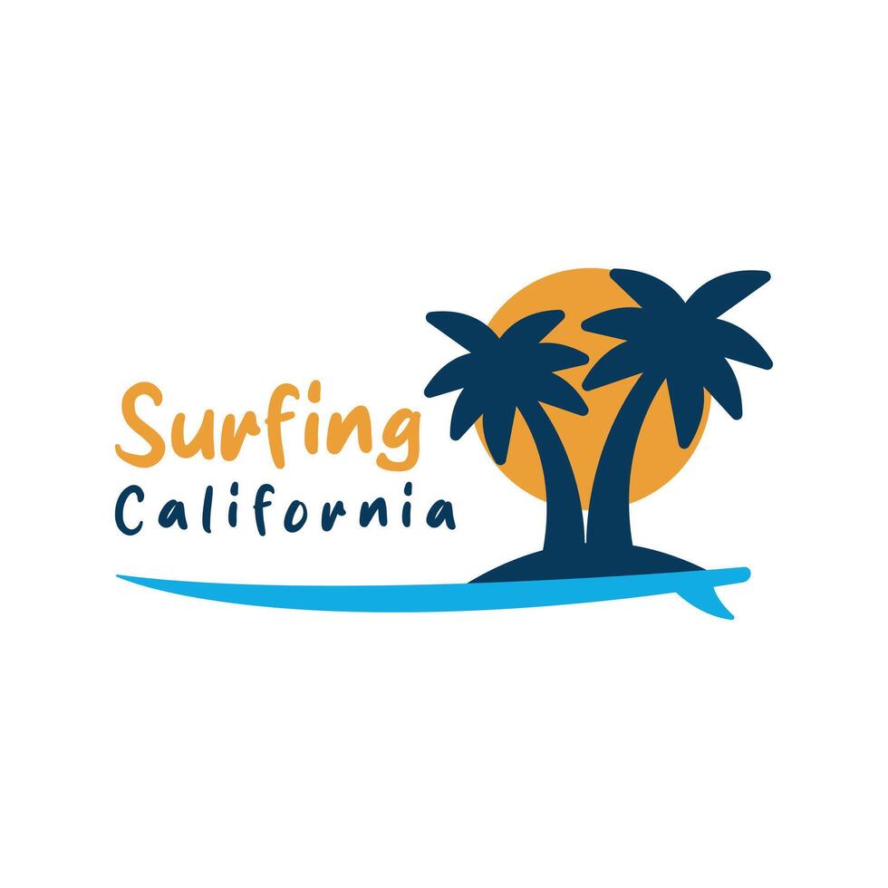 california surf logo design with palm tree, sun, and surf vector