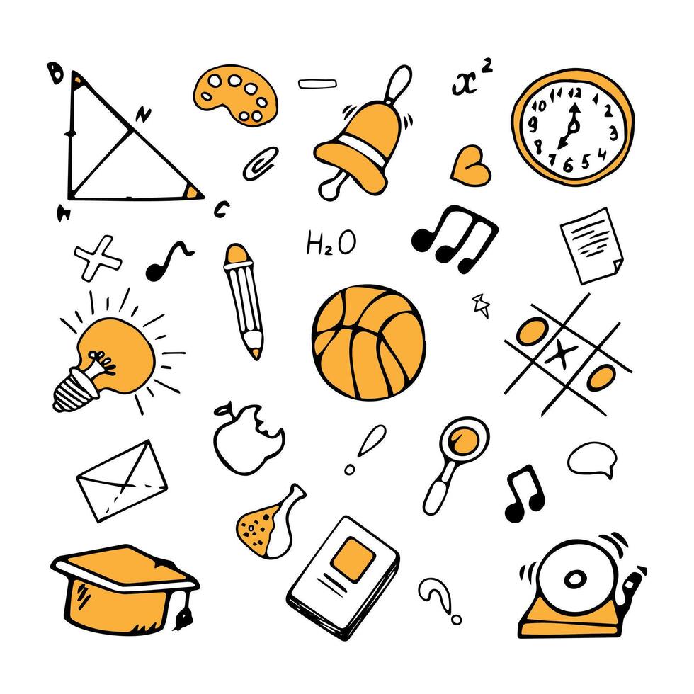 Doodle school supplies set. Stationery collection hand drawn style. Scribbled elements collection. Illustration, book, clock, cube, light bulb, basketball, ball, pen, notes, brush. vector