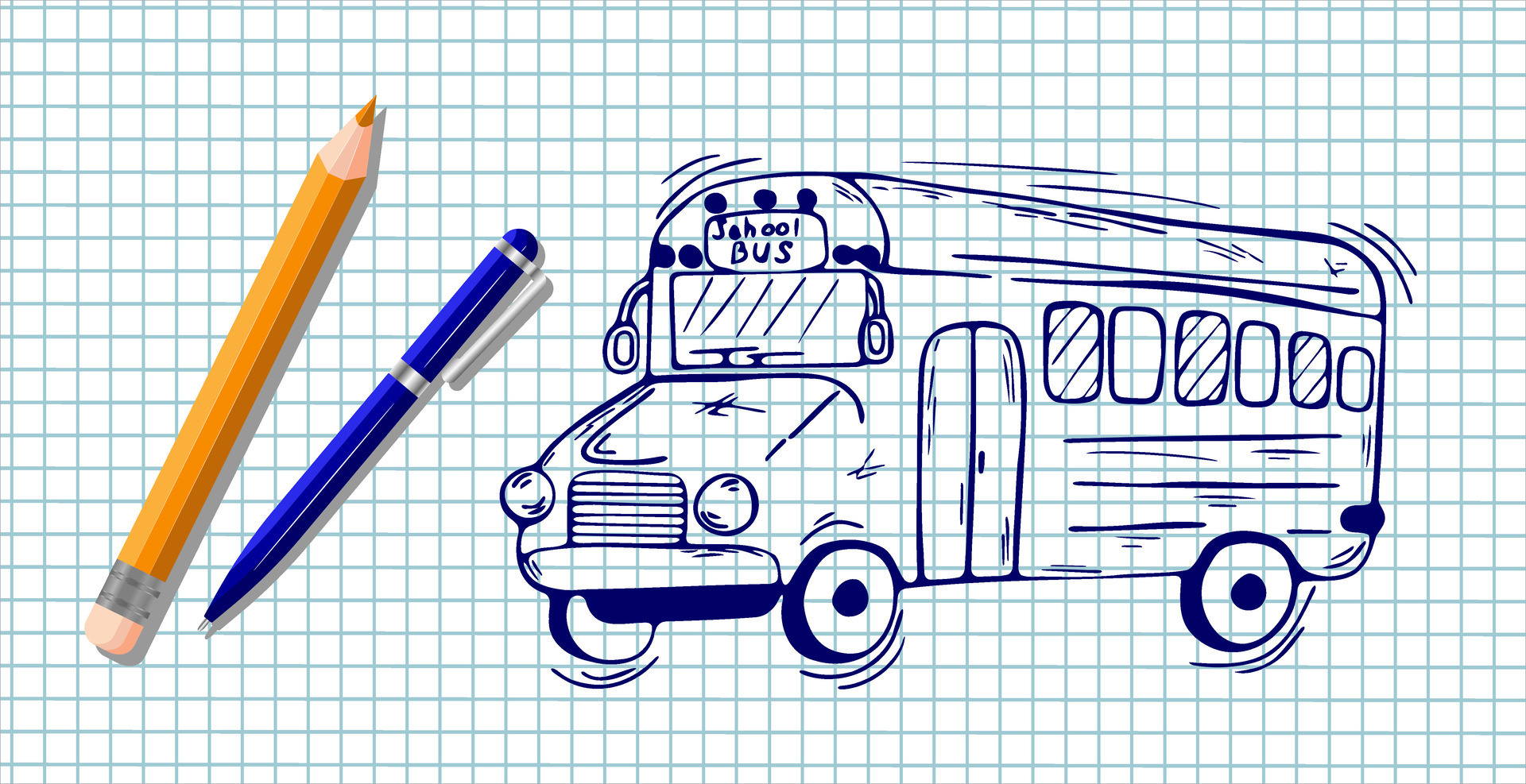 School Bus Back To School Hand Drawn Sketch With 3D Yellow Pencil And School Bus Back To School Hand Drawn Sketch With 3d Yellow Pencil And Blue Pen On Notebook Sheet Doodle Concept Design For Banner Poster On The Theme School Online Education Vector