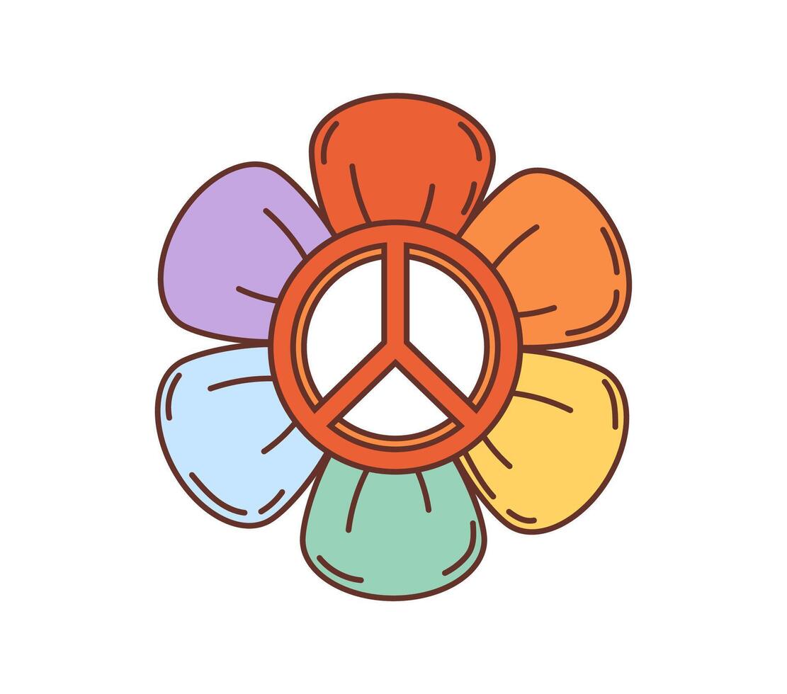 70s, 80s retro cartoon groovy hippie peace flower vector