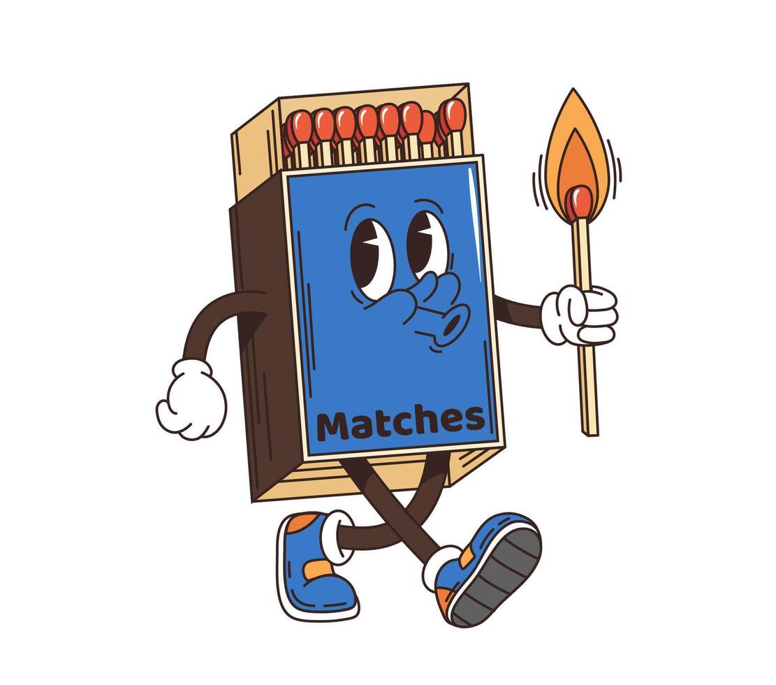 Groovy retro cartoon travel character, matches box vector