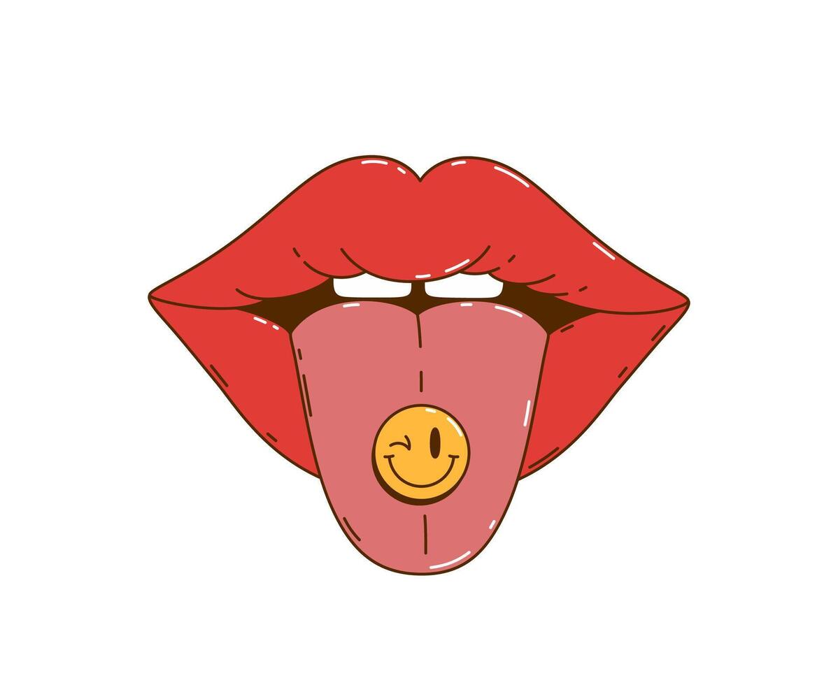 Cartoon retro groovy lips with face, vector