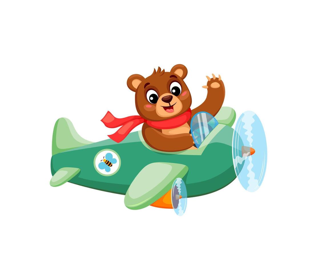 Cartoon bear pilot on plane, funny animal aviator vector