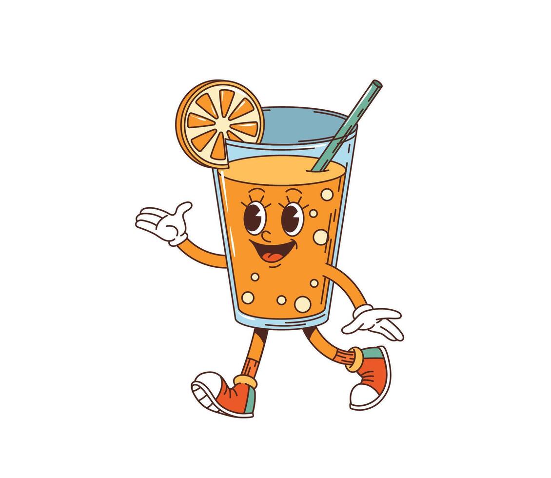 Retro groovy orange juice glass of drink character vector