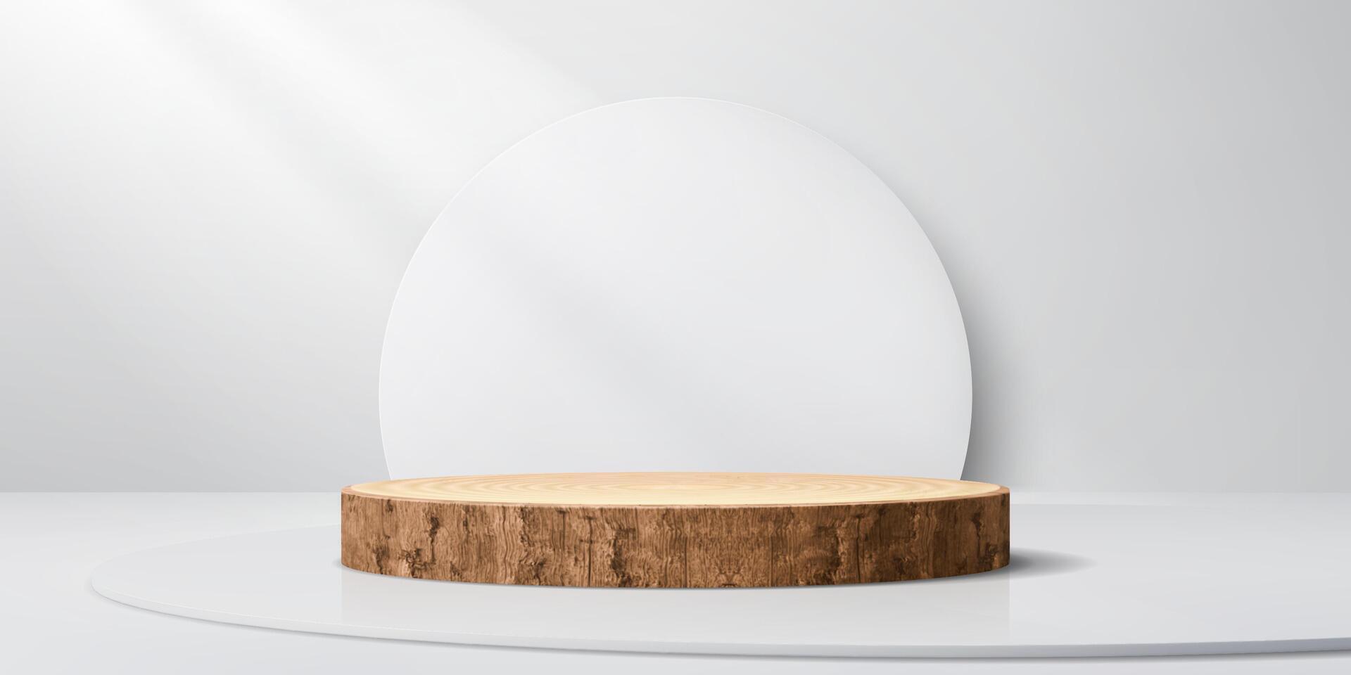 Wooden podium stage with tree bark and white arch vector