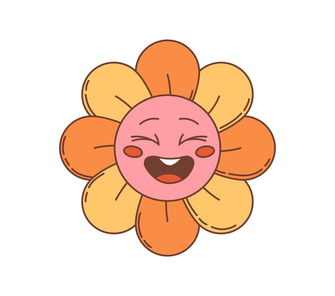 Retro cartoon groovy daisy flower, laughing face vector