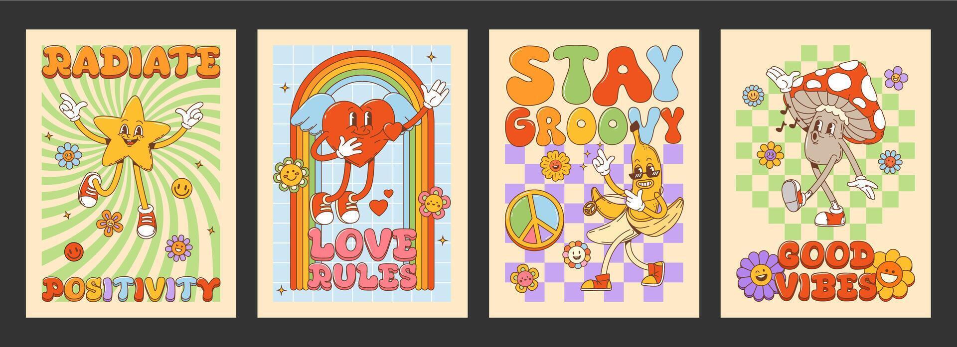 Groovy posters with retro cartoon characters vector