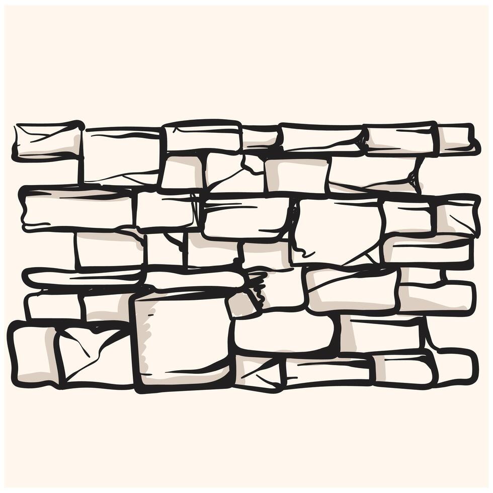 An old, ancient wall of stone blocks. Historical buildings, ruins, architectural monuments, fortress With illustration style doodle and line art vector