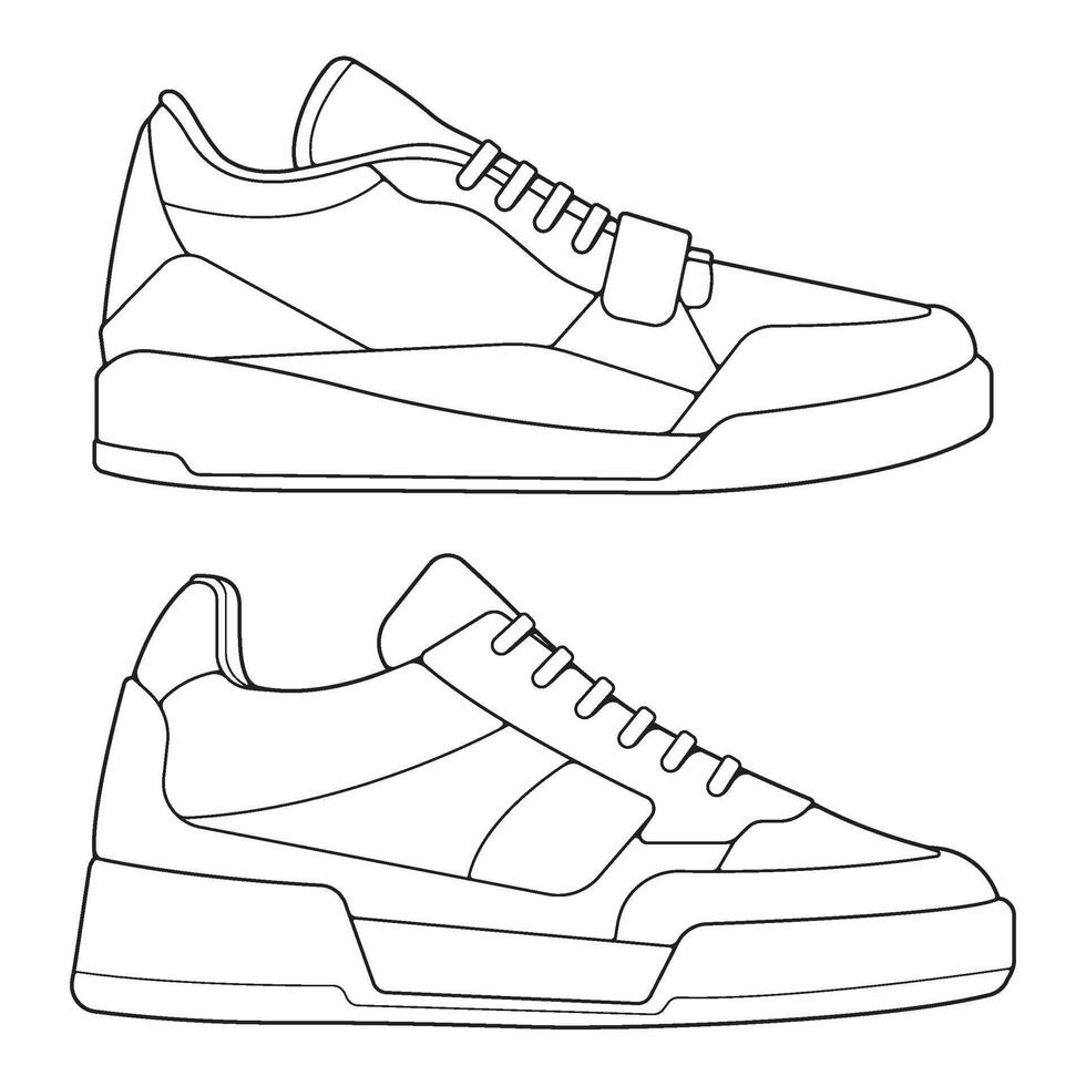 set of outline Cool Sneakers. Shoes sneaker outline drawing , Sneakers drawn in a sketch style, sneaker trainers template outline, Set Collection. Illustration. vector