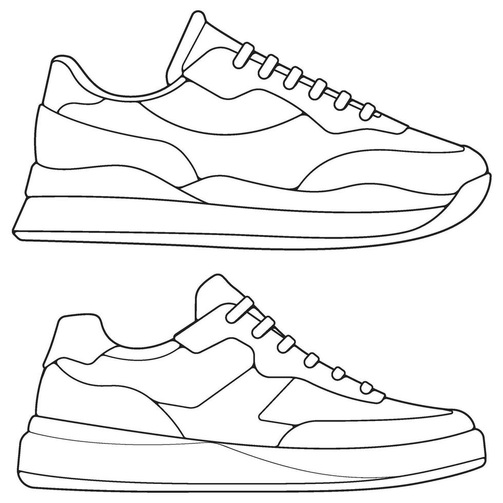 set of outline Cool Sneakers. Shoes sneaker outline drawing , Sneakers drawn in a sketch style, sneaker trainers template outline, Set Collection. Illustration. vector