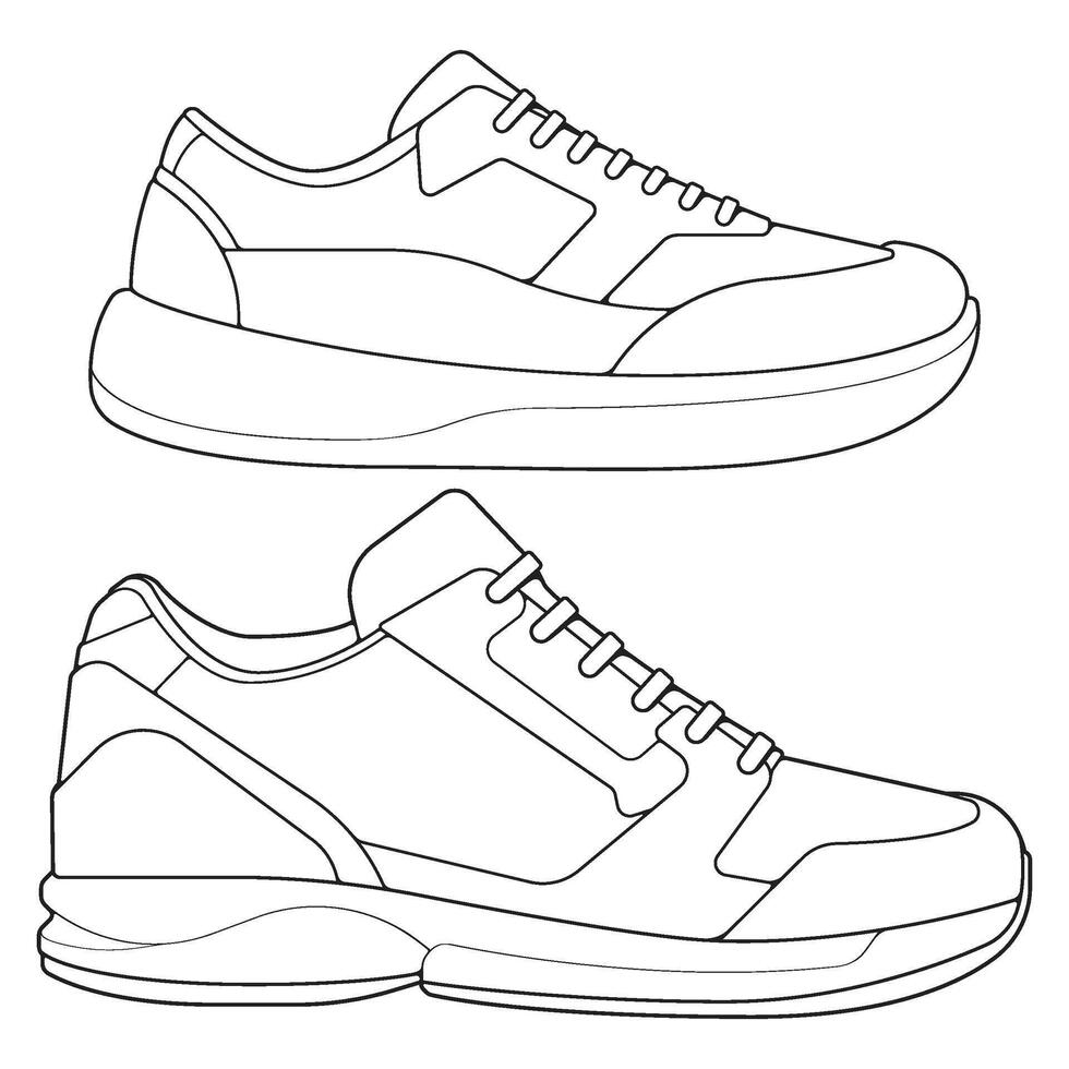 set of outline Cool Sneakers. Shoes sneaker outline drawing , Sneakers drawn in a sketch style, sneaker trainers template outline, Set Collection. Illustration. vector