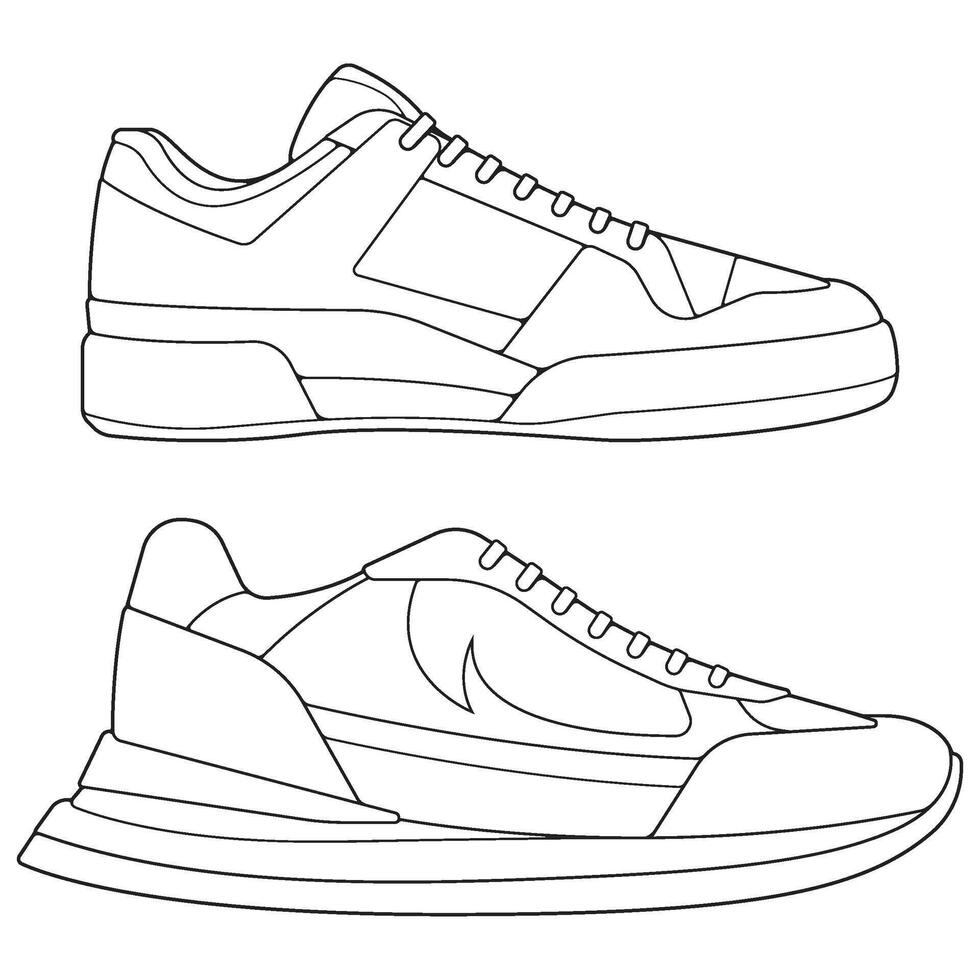 set of outline Cool Sneakers. Shoes sneaker outline drawing , Sneakers drawn in a sketch style, sneaker trainers template outline, Set Collection. Illustration. vector