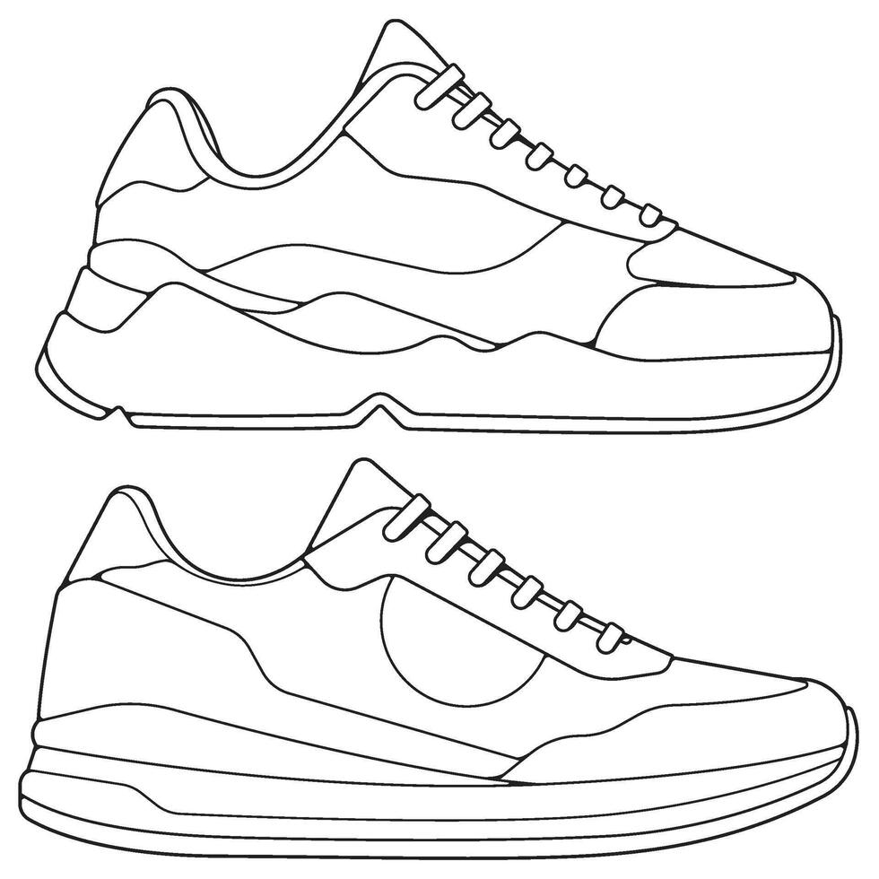 set of outline Cool Sneakers. Shoes sneaker outline drawing , Sneakers drawn in a sketch style, sneaker trainers template outline, Set Collection. Illustration. vector