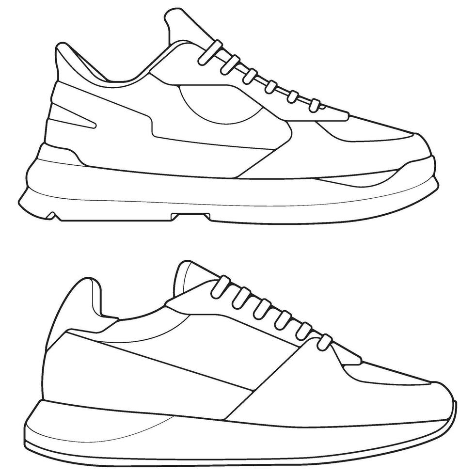 set of outline Cool Sneakers. Shoes sneaker outline drawing , Sneakers drawn in a sketch style, sneaker trainers template outline, Set Collection. Illustration. vector