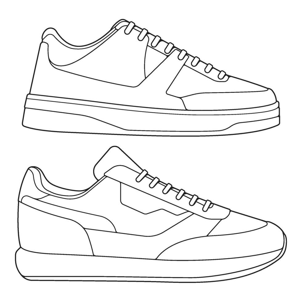 set of outline Cool Sneakers. Shoes sneaker outline drawing , Sneakers drawn in a sketch style, sneaker trainers template outline, Set Collection. Illustration. vector