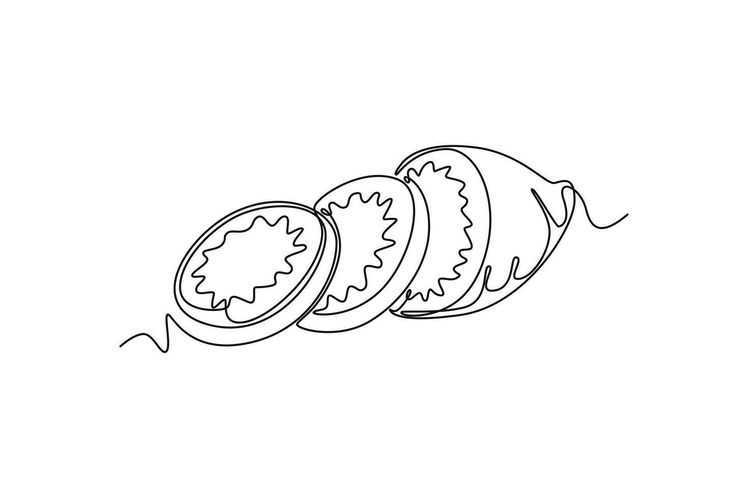 Continuous one line drawing of whole and sliced health organic sweet potato for farm logo identity. Fresh tuberous concept for horticultural icon. Single line draw design graphic illustration vector