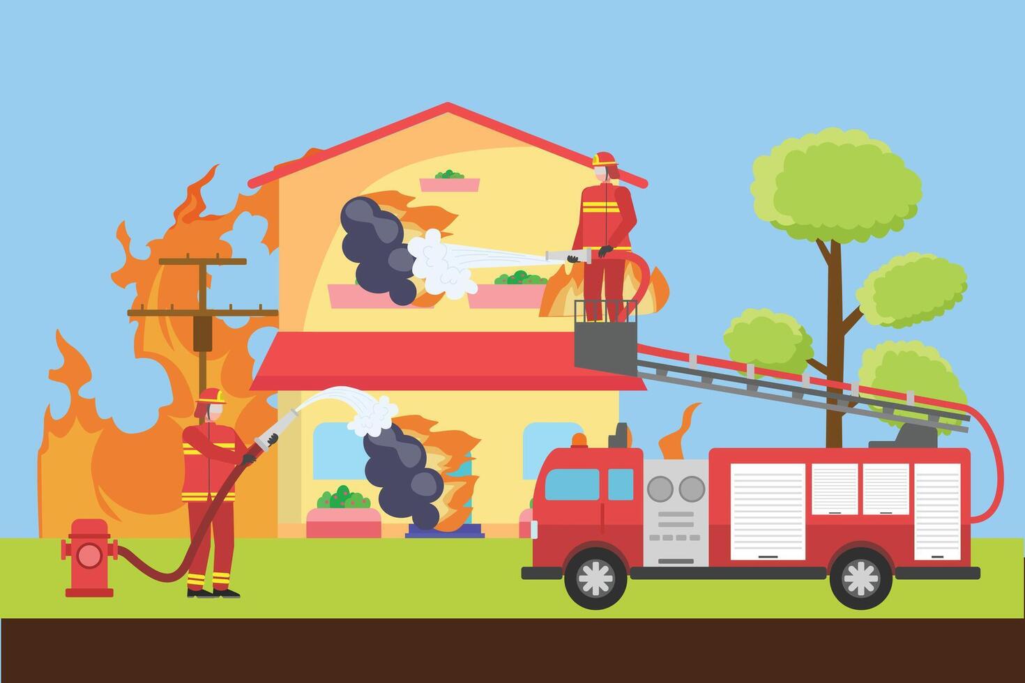 Firefighters with firefighting equipment concept. Colored flat illustration isolated. vector