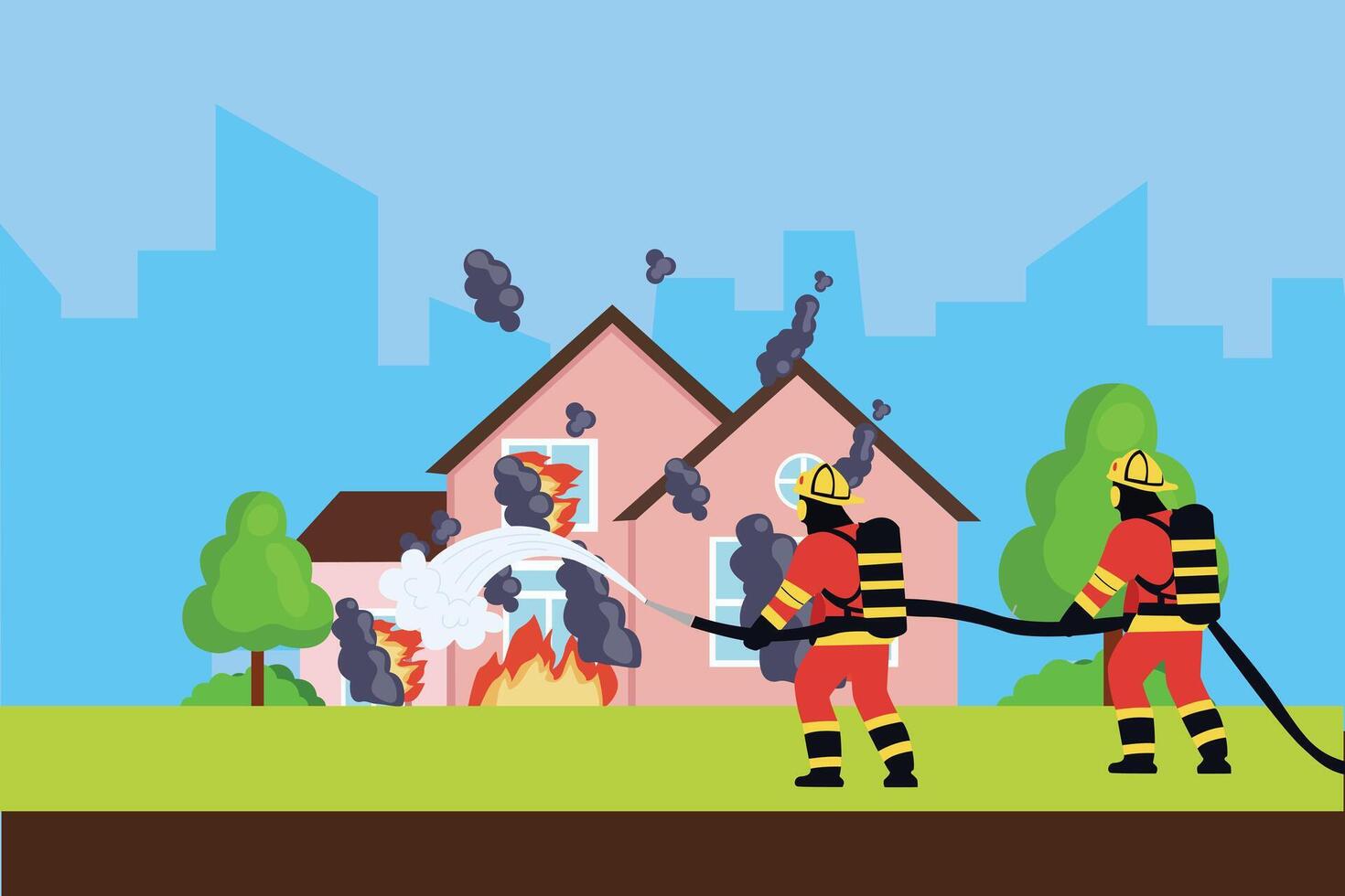 Firefighters with firefighting equipment concept. Colored flat illustration isolated. vector