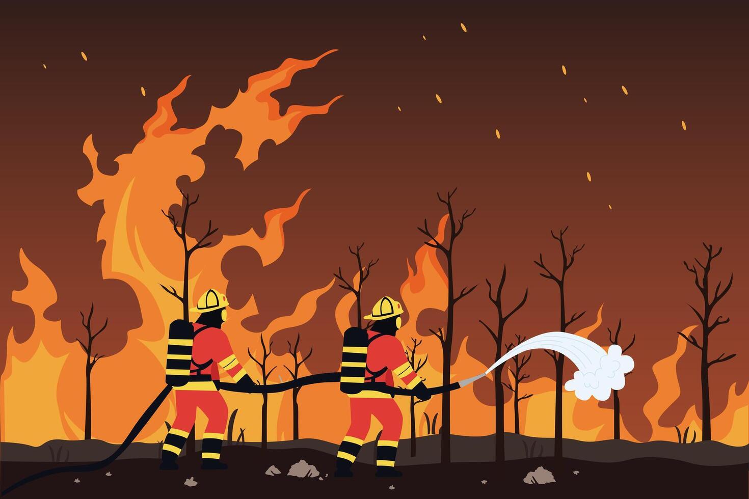 Firefighters with firefighting equipment concept. Colored flat illustration isolated. vector