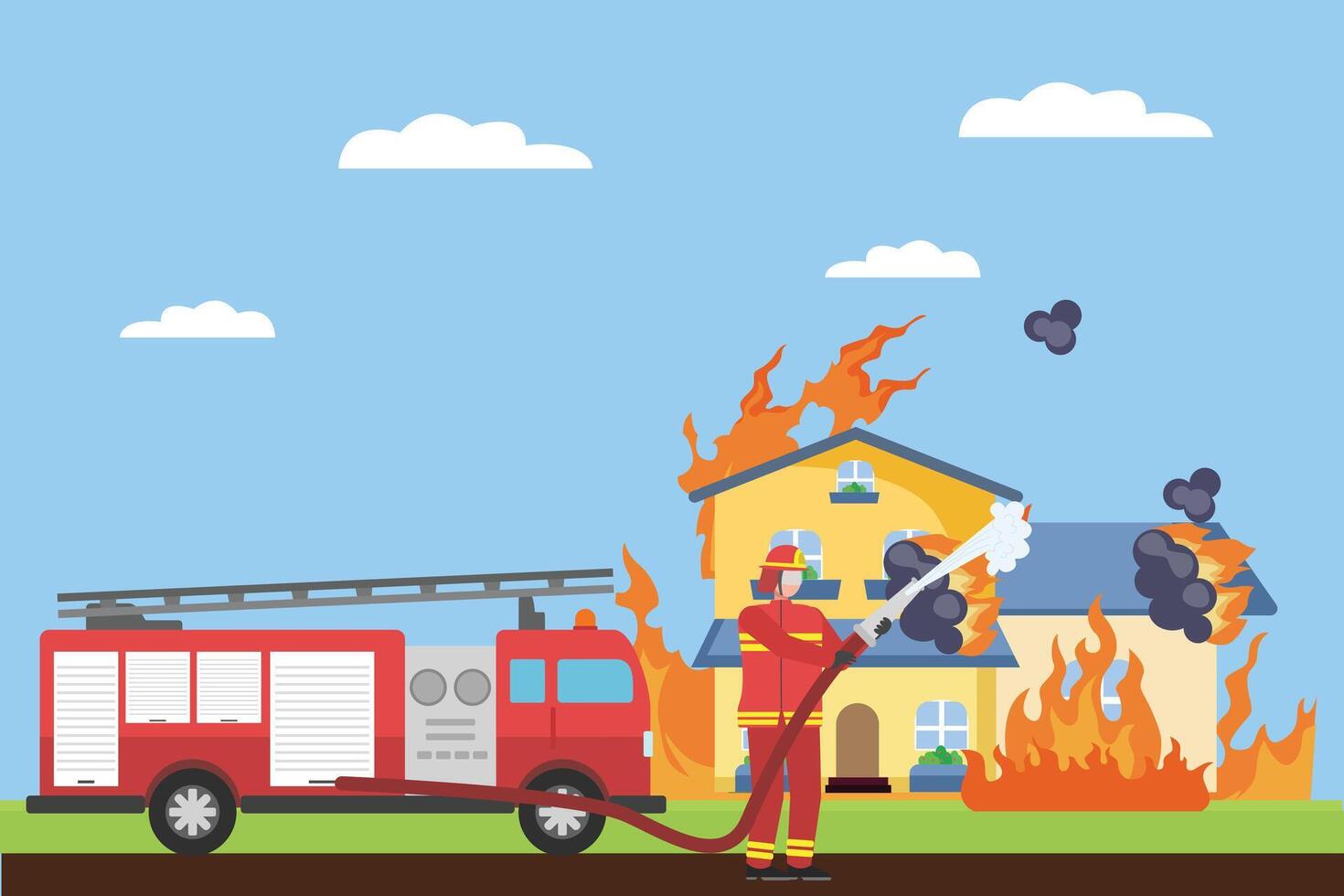 Firefighters with firefighting equipment concept. Colored flat illustration isolated. vector