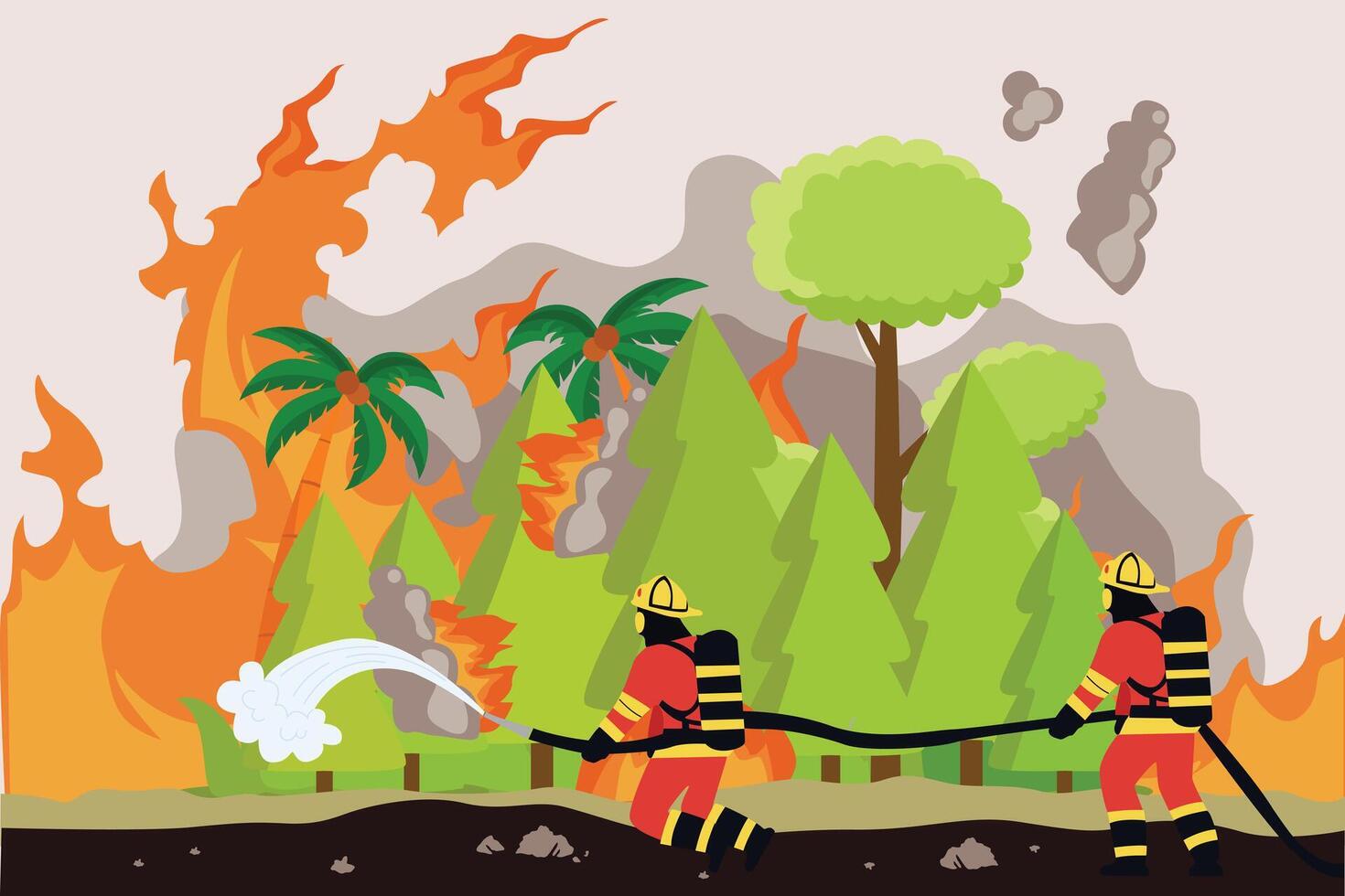 Firefighters with firefighting equipment concept. Colored flat illustration isolated. vector