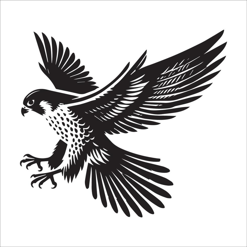 Peregrine falcon silhouette - Bird Logo - Peregrine falcon perched with wings fully illustrated in black and white vector