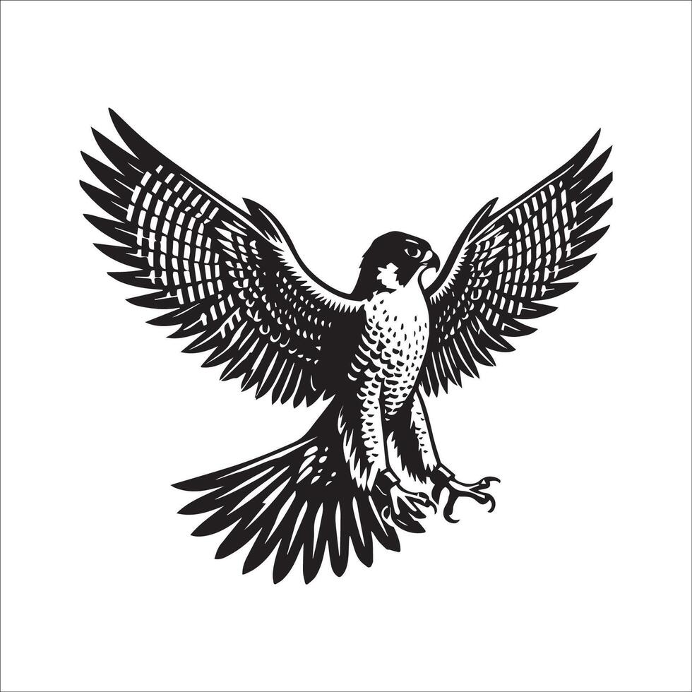 Peregrine falcon silhouette - Bird Logo - Peregrine falcon perched with wings illustration in black and white vector
