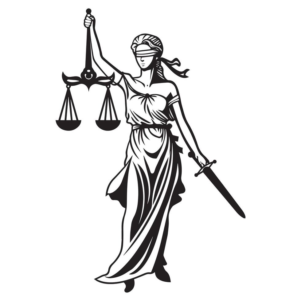Justice logo - Justice Lady With Scale And Sword - Lady Justice statue illustration in black and white vector