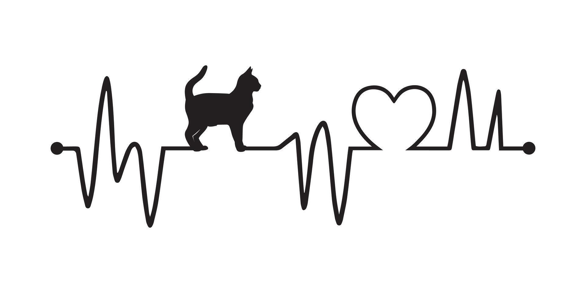 Heartbeat line with Manx Cat silhouette, Cat and Heartbeat frequency with Heart Love illustration vector