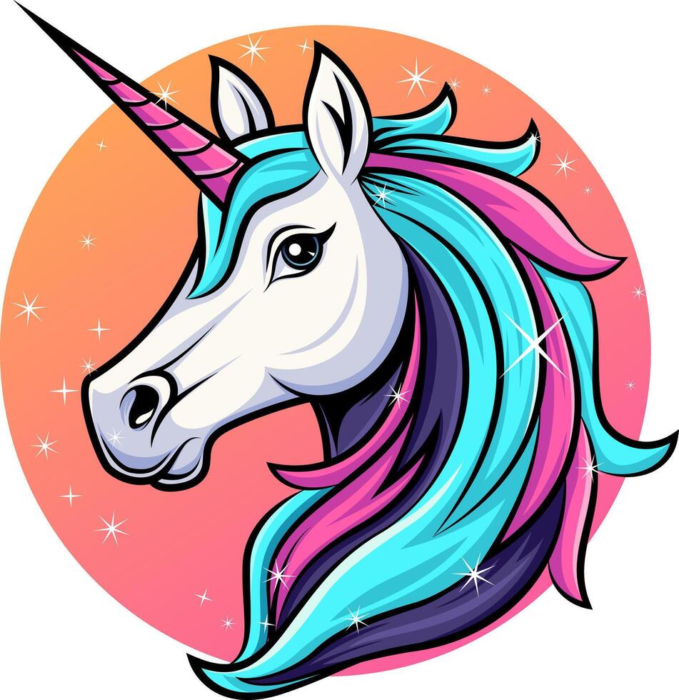 Whimsical unicorn head adorned with a starry mane, illustration vector