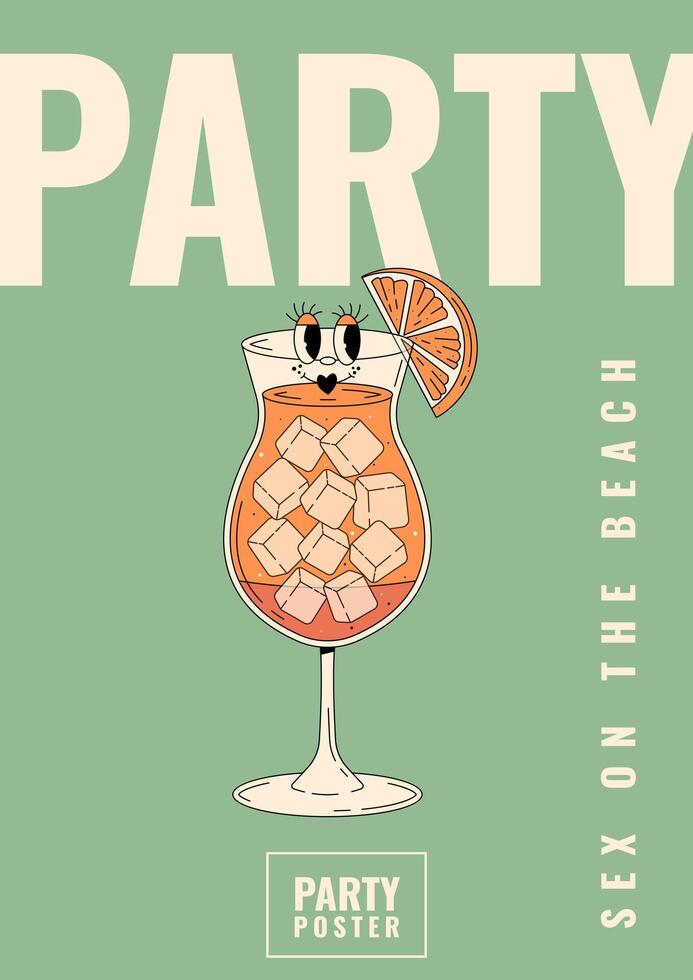 Groovy character sex on the beach. Retro summer party poster with alcoholic beverage. Cafe bar or cocktail lounge flyer. Vintage illustration vector