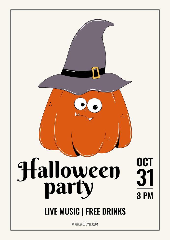 Groovy retro Happy Halloween invitation for party or festival. Funky red character pumpkin in a hat. illustration template. vector