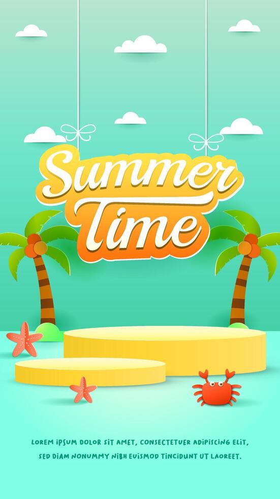 Vertical Summer holiday podium with paper cut style symbols and icons for greeting cards. vector
