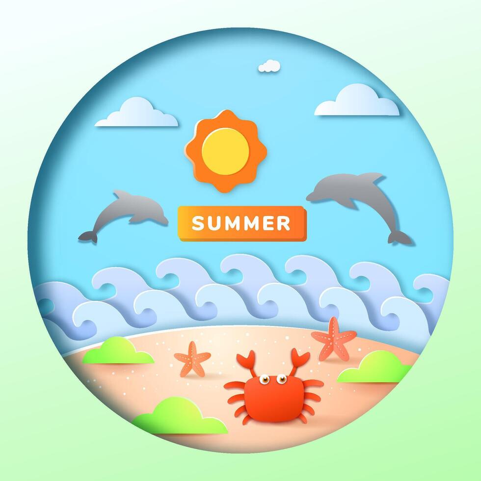 Summer holiday illustration with paper cut style symbols and icons for greeting cards. vector