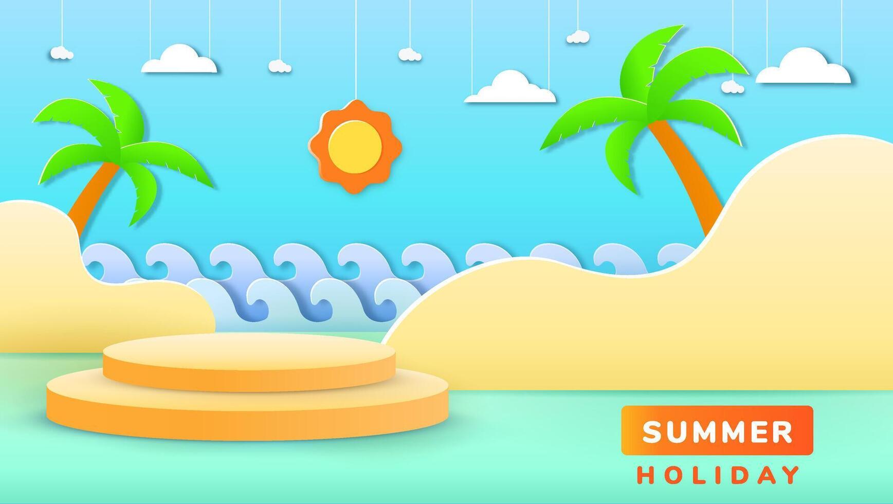 Summer holiday podium with paper cut style symbols and icons for greeting cards. vector