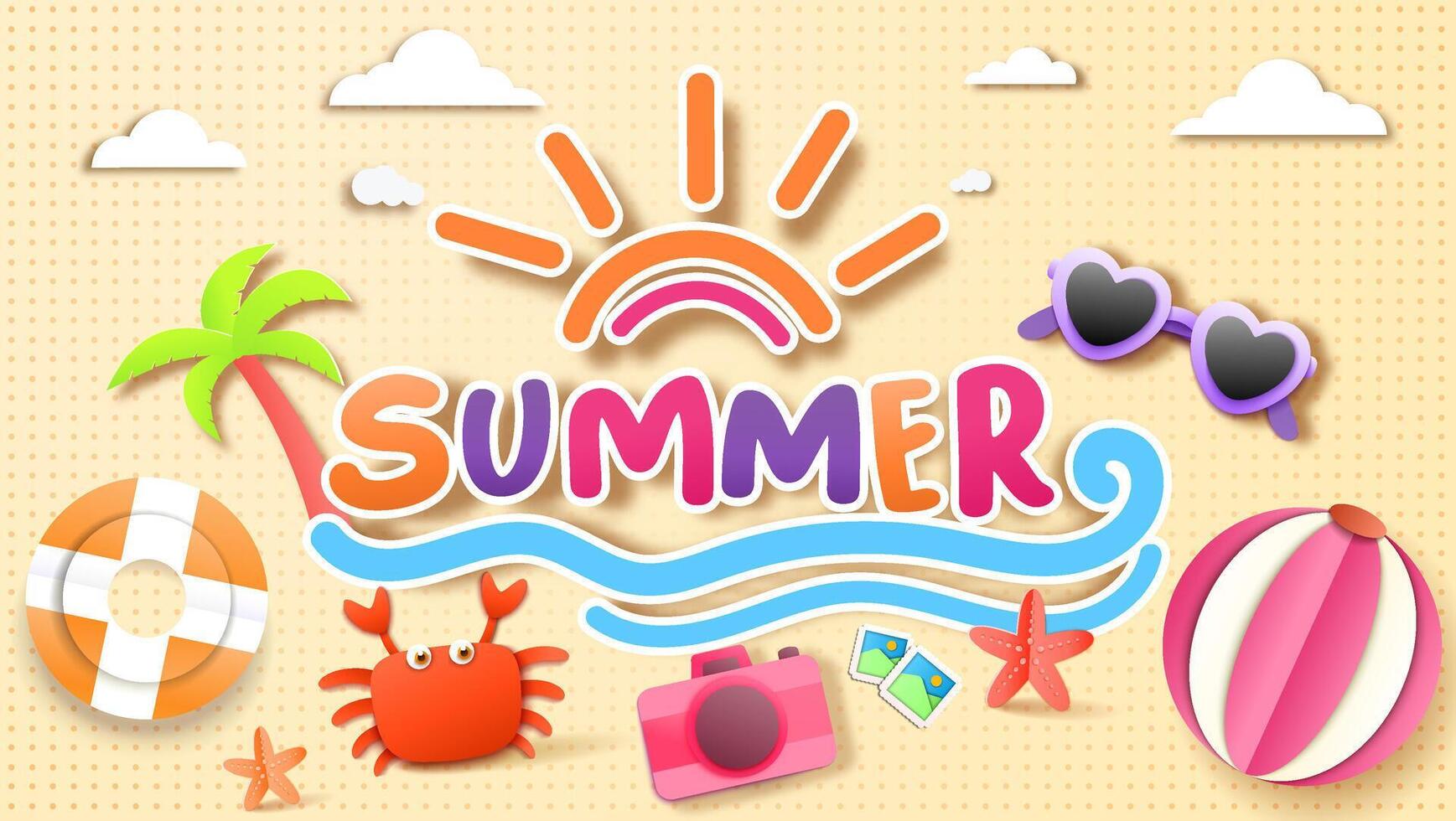 Summer holiday with paper cut style symbols and icons for greeting cards. vector