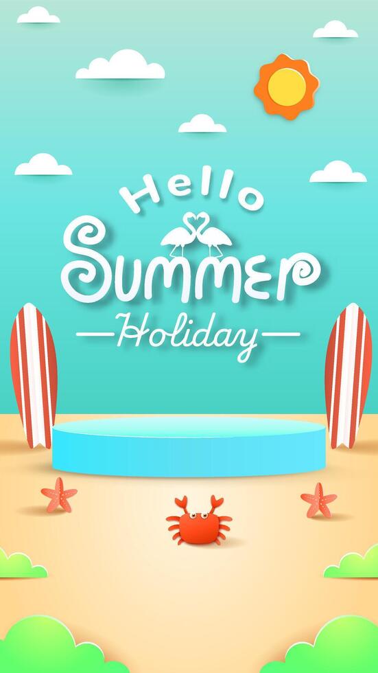 Vertical Summer holiday podium with paper cut style symbols and icons for greeting cards. vector