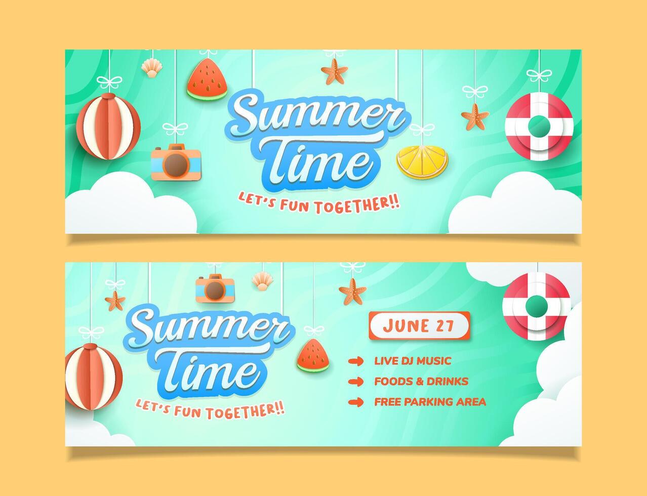 Horizontal party banner for summer time template is suitable for greeting card and sale with attractive hanging summer design elements. EPS 10 vector