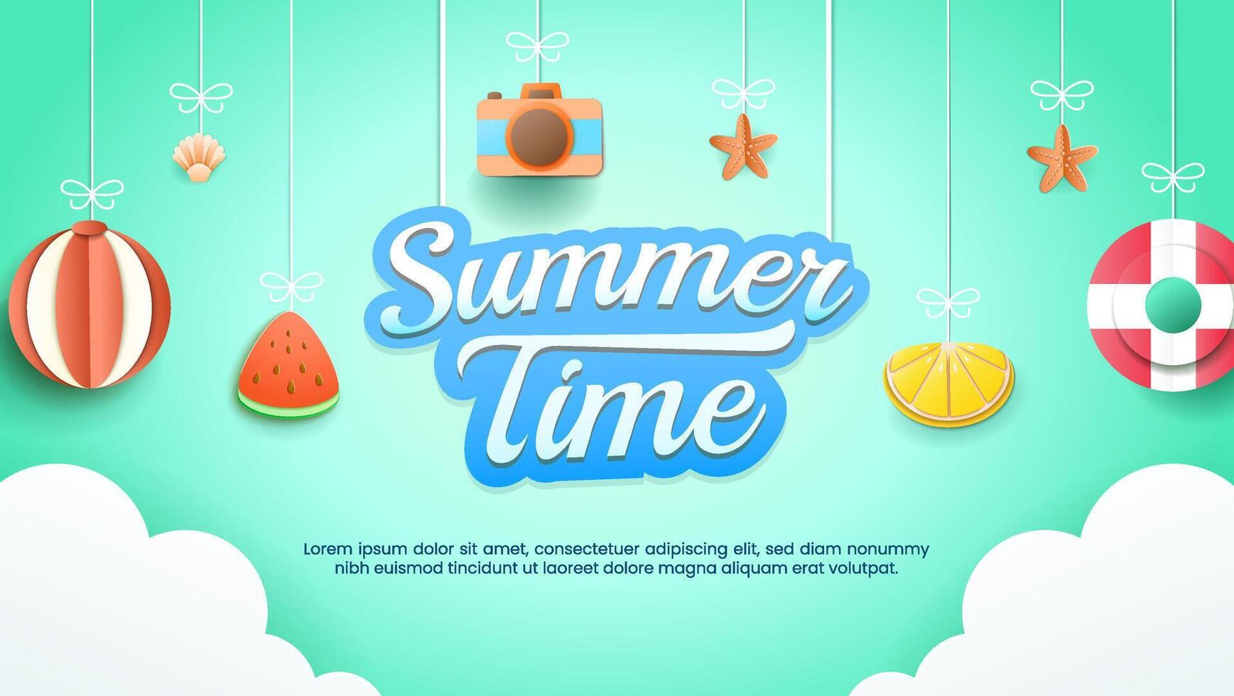 Summer holidays featuring paper cut hanging symbols and icons for invitation backgrounds and greeting card. vector
