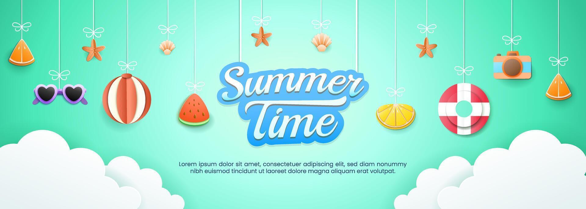 Summer holidays featuring paper cut hanging symbols and icons for invitation backgrounds and greeting card. vector