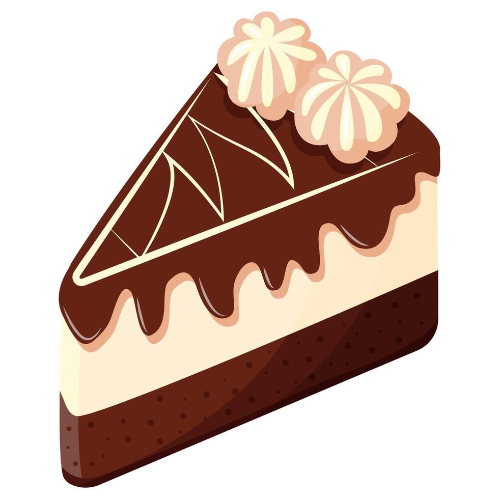 A slice of chocolate cake with whipped cream on top. vector