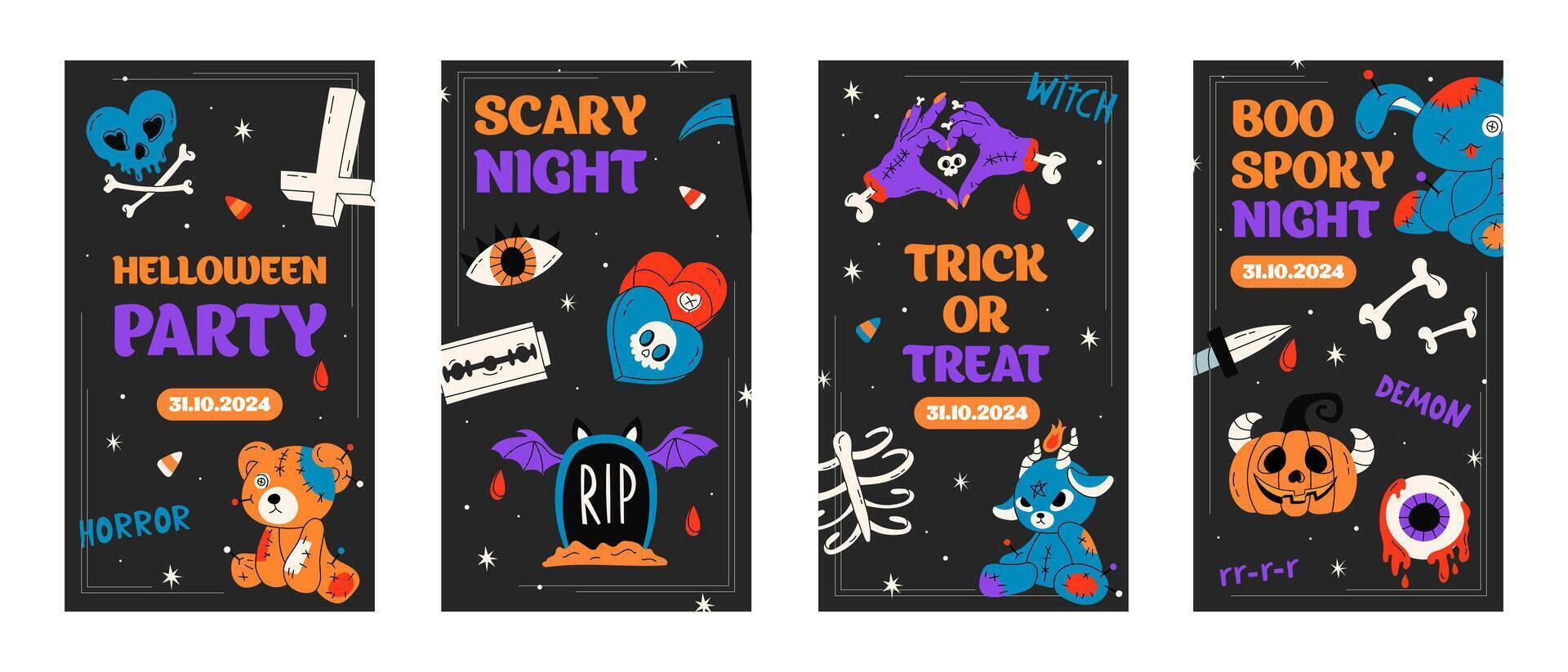 Happy Halloween party posters set or flyers set. Cute flat cartoon cards with voodoo dolls, pumpkin, skull, zombie hands. stock illustration for social media vector