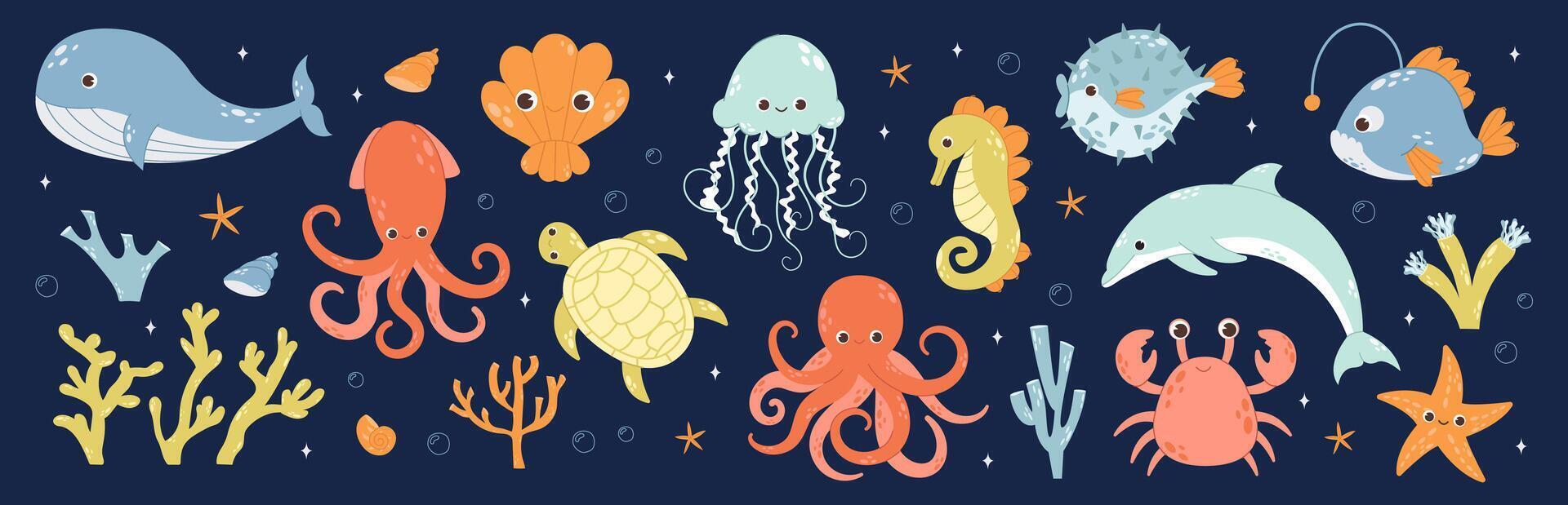 Set of sea and ocean underwater animals. Cute aquatic turtle, whale, dolphin, octopus and colorful fishes. Childish colored flat illustration. Underwater marine fauna vector