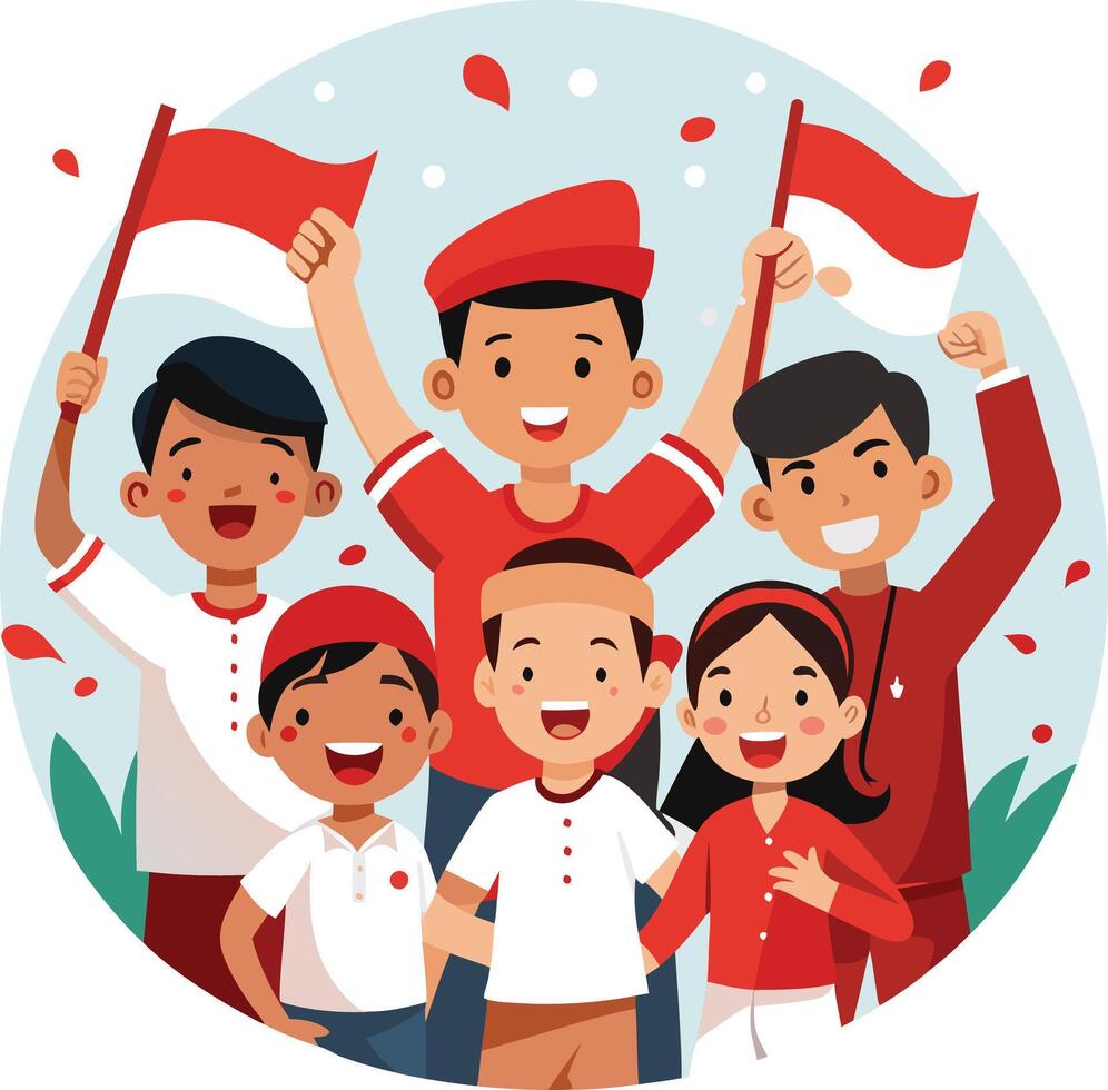 girl and boy hold indonesian flag celebrating their country's independence vector