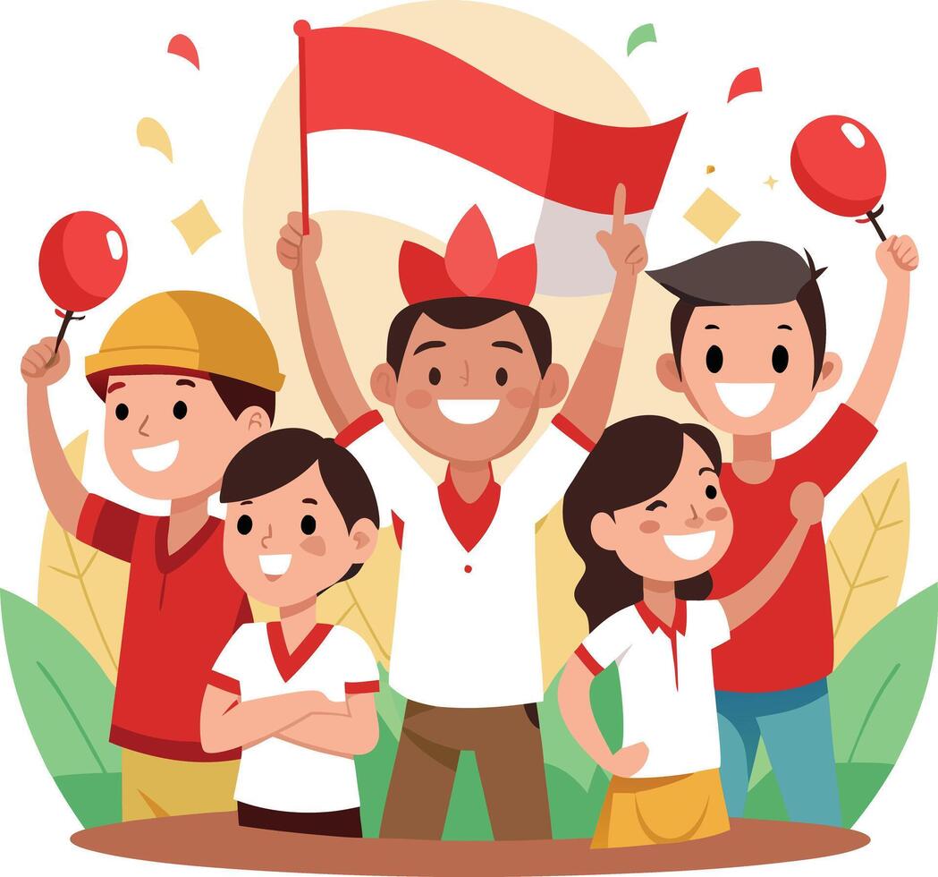 girl and boy hold indonesian flag celebrating their country's independence vector
