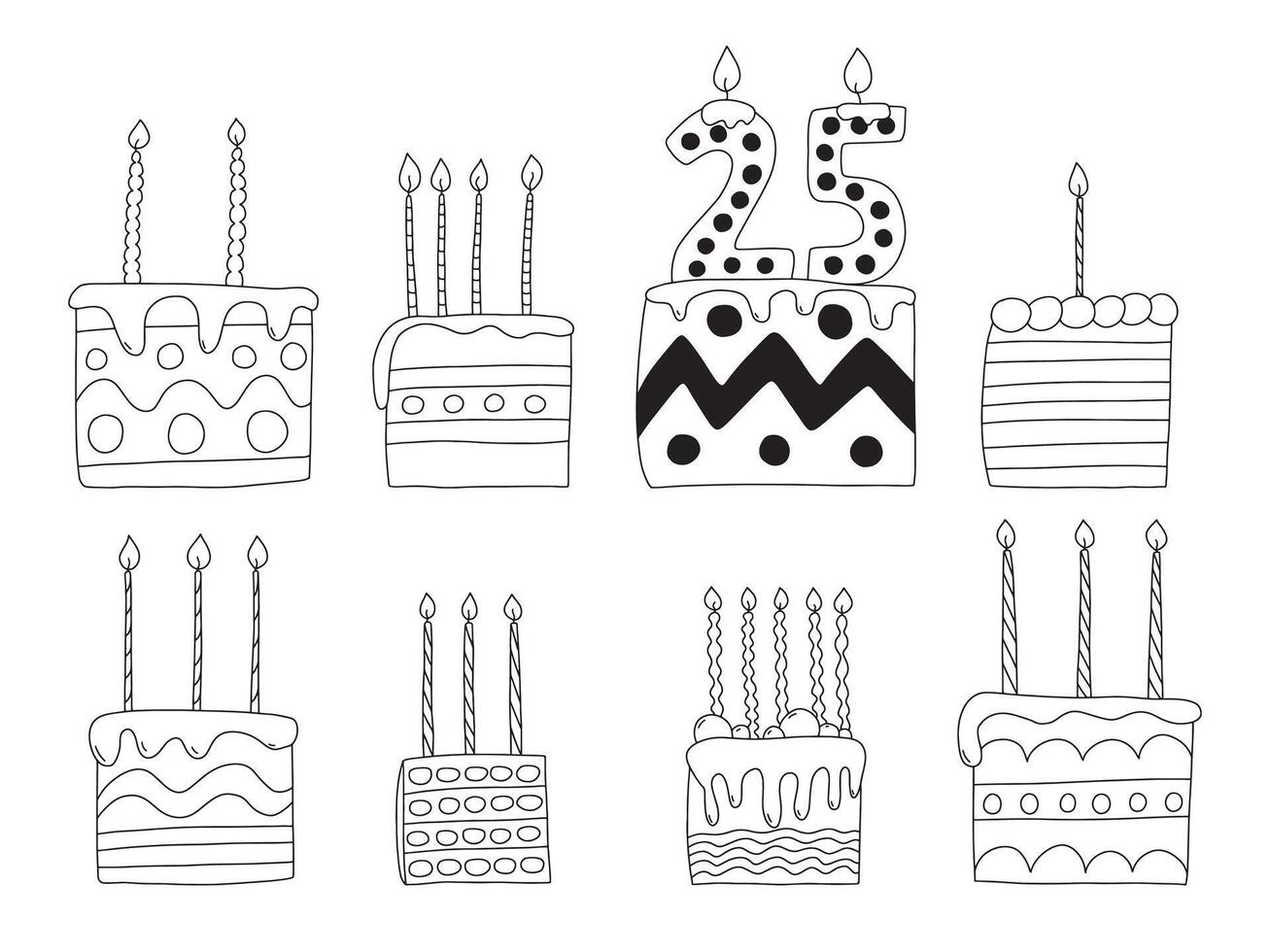 Hand drawn slices of cakes with candles set. Birthday cakes slices with candles doodle set vector